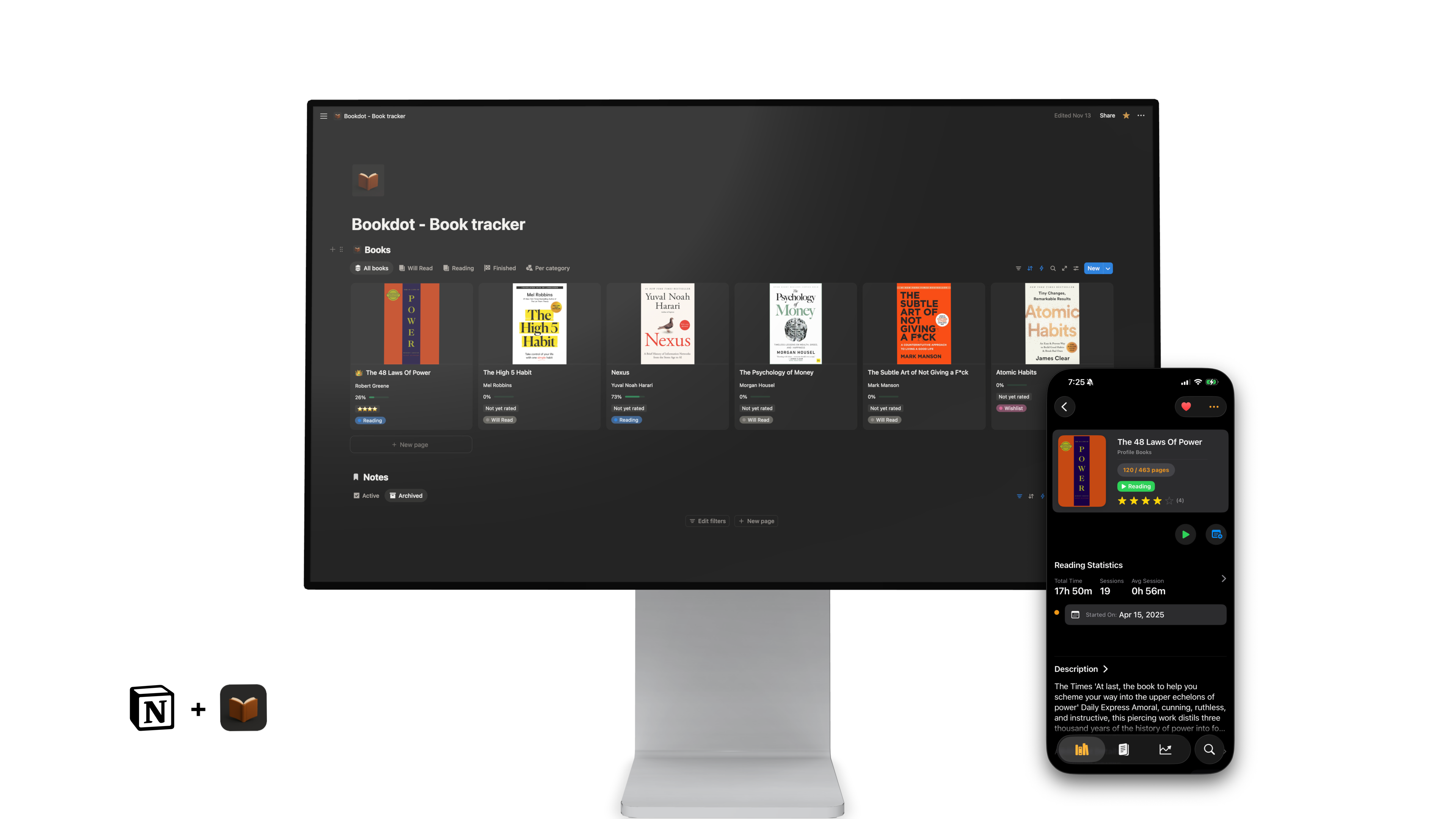 Bookdot syncing with Notion - showing books and reading progress in both apps